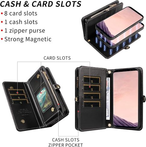 حافظة هاتف Asuwish لهاتف Samsung Galaxy S22 5G مزودة بسحاب وغطاء خلوي قابل للفصل مع واقي شاشة من الزجاج المقسى وحزام كروس وحامل بطاقات قلاب لامع S 22 22S 4G G5 6.1 بوصة للنساء باللون الأسود in Kuwait