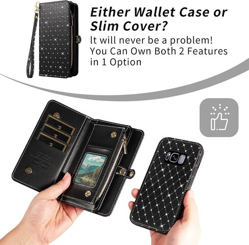 حافظة هاتف Asuwish لهاتف Samsung Galaxy S22 5G مزودة بسحاب وغطاء خلوي قابل للفصل مع واقي شاشة من الزجاج المقسى وحزام كروس وحامل بطاقات قلاب لامع S 22 22S 4G G5 6.1 بوصة للنساء باللون الأسود in Kuwait