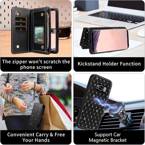 حافظة هاتف Asuwish لهاتف Samsung Galaxy S22 5G مزودة بسحاب وغطاء خلوي قابل للفصل مع واقي شاشة من الزجاج المقسى وحزام كروس وحامل بطاقات قلاب لامع S 22 22S 4G G5 6.1 بوصة للنساء باللون الأسود in Kuwait