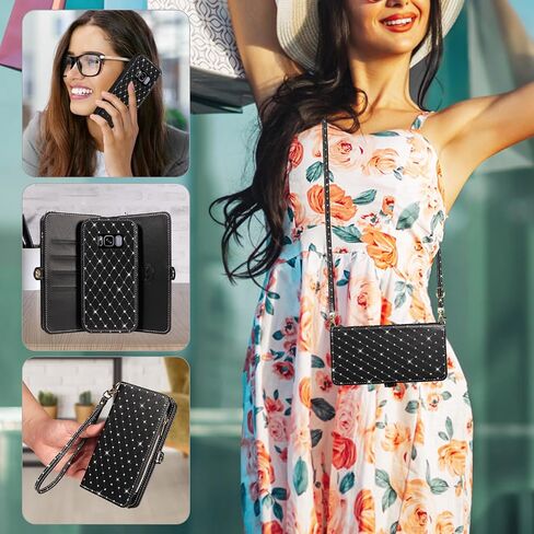 حافظة هاتف Asuwish لهاتف Samsung Galaxy S22 5G مزودة بسحاب وغطاء خلوي قابل للفصل مع واقي شاشة من الزجاج المقسى وحزام كروس وحامل بطاقات قلاب لامع S 22 22S 4G G5 6.1 بوصة للنساء باللون الأسود in Kuwait