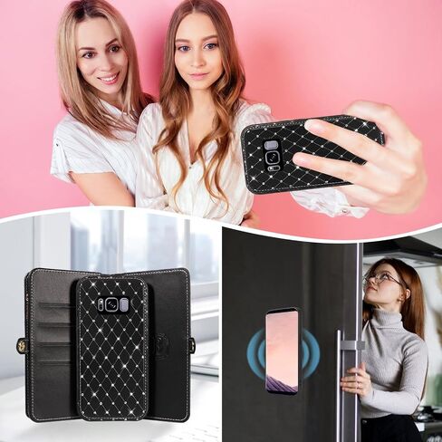 حافظة هاتف Asuwish لهاتف Samsung Galaxy S22 5G مزودة بسحاب وغطاء خلوي قابل للفصل مع واقي شاشة من الزجاج المقسى وحزام كروس وحامل بطاقات قلاب لامع S 22 22S 4G G5 6.1 بوصة للنساء باللون الأسود in Kuwait