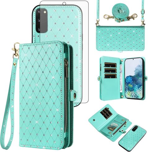 حافظة هاتف Asuwish لهاتف Samsung Galaxy S22 5G مزودة بسحاب وغطاء خلوي قابل للفصل مع واقي شاشة من الزجاج المقسى وحزام كروس وحامل بطاقات قلاب لامع S 22 22S 4G G5 6.1 بوصة للنساء باللون الأسود in Saudi Arabia