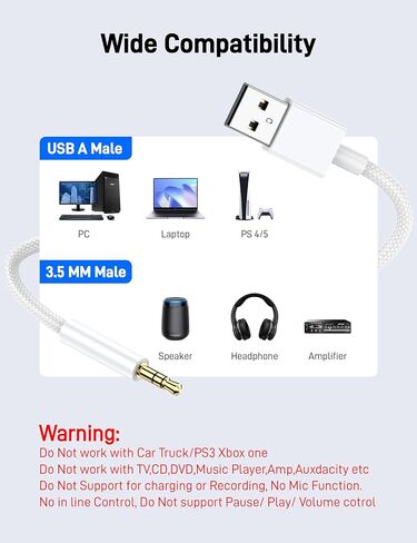 كابل صوت Aux بطول 3 أقدام إلى 3.5 ملم، قطعتان، محول USB مضفر من النايلون ذكر إلى AUX ذكر سلك صوت ستيريو TRS لسماعات الرأس، وأجهزة الكمبيوتر الشخصية، وأجهزة الكمبيوتر المحمول، ومكبرات الصوت، وأجهزة الكمبيوتر التي تعمل بنظام Windows PS5 PS4 Mac OSX Desktops in Kuwait