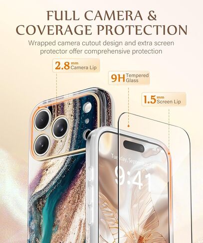 حافظة GVIEWIN لهاتف iPhone 17 Pro متوافقة مع MagSafe Marble Slim | حماية كاملة للكاميرا، حافظة هاتف مغناطيسية واقية مقاومة للصدمات من الدرجة العسكرية لهاتف 17 Pro 6.3 بوصة، توباز/ذهبي in Kuwait