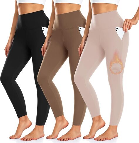 3 Pack Fleece Lined Leggings Women with Pockets -Warm Winter Yoga Pants for Women Thermal Running Workout Leggings in Kuwait