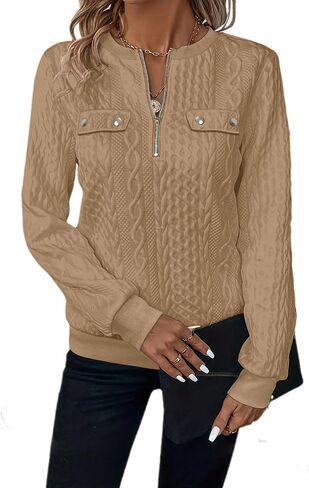 Womens Sweatshirts Casual Crew Neck Long Sleeve Quarter 1/4 Zip Quilted Pullover Lightweight Textured Solid Fall Tops in Saudi Arabia