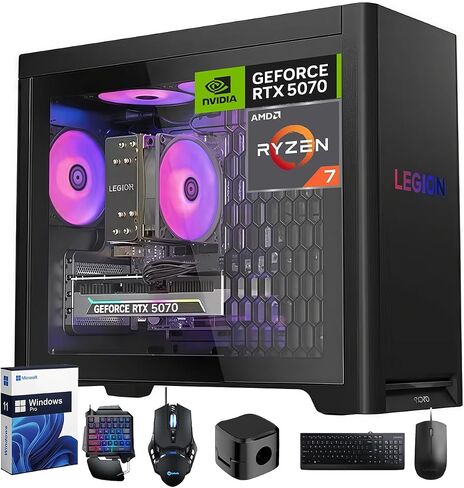 كمبيوتر مكتبي للألعاب Lenovo Legion Tower 5، AMD Ryzen 7 7800X3D (يصل إلى 5 جيجاهرتز)، NVIDIA GeForce RTX 5070 12GB GDDR7، 64GB DDR5 5600MT/s، 1TB SSD، 2TB HDD، تبريد هادئ، Windows 11 Pro، ملحقات in Saudi Arabia