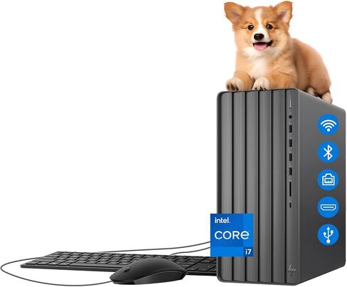 HP Desktop Computers Tower PC, 20-core Intel Core i7-14700(Beat i9-11900K), 32GB DDR4, 1TB PCIe SSD, Type-C, HDMI, VGA, Bluetooth, WiFi6, Keyboard and Mouse, Windows 11 Pro, Black in Kuwait