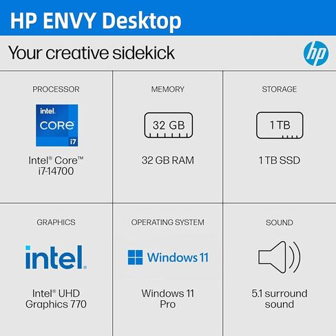 HP Desktop Computers Tower PC, 20-core Intel Core i7-14700(Beat i9-11900K), 32GB DDR4, 1TB PCIe SSD, Type-C, HDMI, VGA, Bluetooth, WiFi6, Keyboard and Mouse, Windows 11 Pro, Black in Kuwait