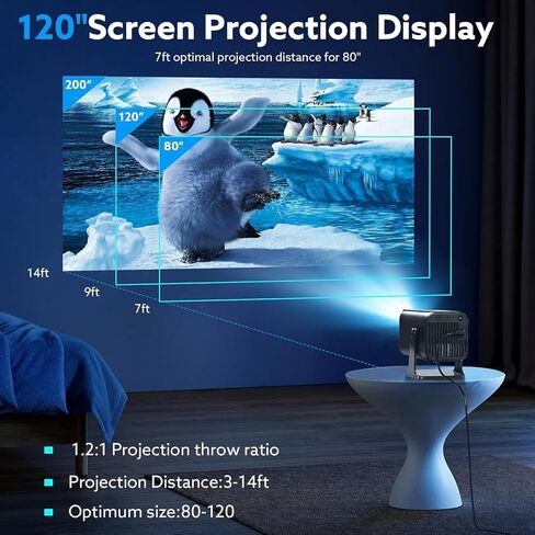 جهاز عرض صغير مع واي فاي وبلوتوث، 4K 1080P يدعم جهاز عرض محمول 180 درجة قابل للدوران 120 بوصة شاشة عرض أفلام تلقائية متوافقة مع HDMI/USB/الهاتف الذكي/الكمبيوتر الشخصي/الكمبيوتر المحمول in Saudi Arabia