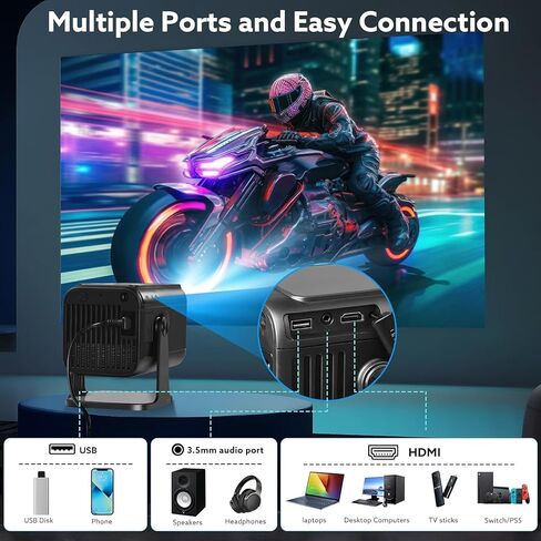 جهاز عرض صغير مع واي فاي وبلوتوث، 4K 1080P يدعم جهاز عرض محمول 180 درجة قابل للدوران 120 بوصة شاشة عرض أفلام تلقائية متوافقة مع HDMI/USB/الهاتف الذكي/الكمبيوتر الشخصي/الكمبيوتر المحمول in Saudi Arabia