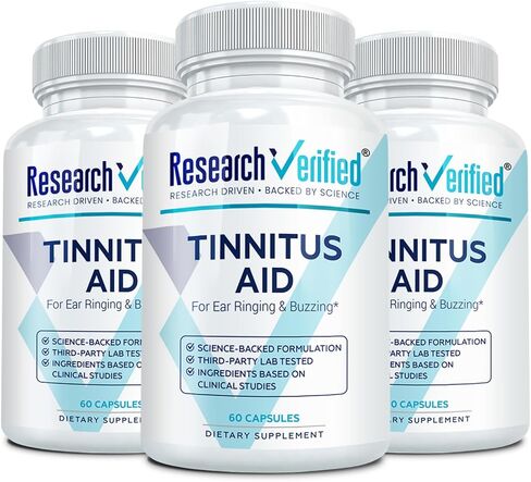 Research Verified Tinnitus Aid - Lessen Internal Ringing - Ginkgo Biloba, Vitamin C, Full Spectrum B Complex Blend, Magnesium - 6 Month Supply - Vegan - Made in The USA in Kuwait