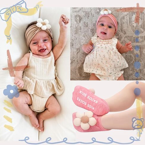 عصابات رأس وجوارب للفتيات الصغيرات، وجوارب غير قابلة للانزلاق وأربطة شعر ناعمة | جوارب زهرية غير قابلة للانزلاق للفتيات الصغيرات وعصابات رأس من النايلون الزهري الناعم للأطفال الرضع والأطفال الصغار in Kuwait
