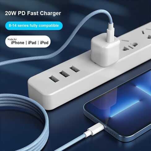 PD 20W Charger Cable, Nylon Braided Cord, Fast Charging Cable for iPhone 14/13/12/11/XS/XR/X/8/iPad, Sky Blue, 6.6FT in Saudi Arabia