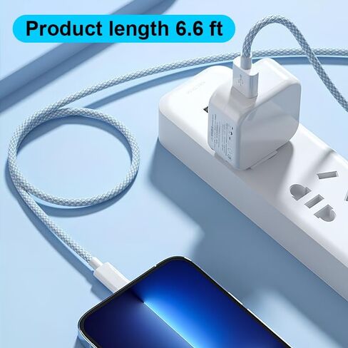 PD 20W Charger Cable, Nylon Braided Cord, Fast Charging Cable for iPhone 14/13/12/11/XS/XR/X/8/iPad, Sky Blue, 6.6FT in Saudi Arabia