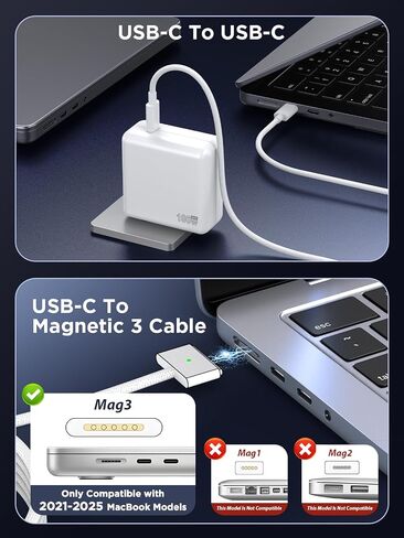 شاحن 100 واط لجهاز MacBook Pro 14 16 بوصة MacBook Air 13 15 بوصة 2025 2024 2023 2022 2021 M4 M3 M2 M1، محول طاقة 100 واط GaN، كابل USB C إلى 3 مغناطيسي 6.6FT، كابل USB C إلى C بطول 6.6FT in Kuwait