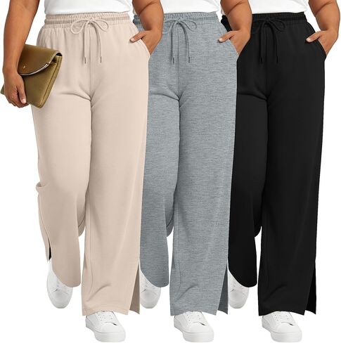 Neer 3 قطعة المرأة حجم كبير Sweatpants واسعة الساق الرباط بنطلون طويل وواسع الجانب الشق مرونة الخصر تجريب بنطلون مع جيوب in Saudi Arabia