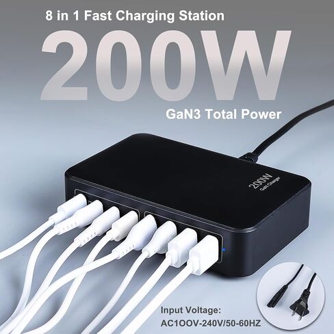 GaN 200W 8-Port USB Fast Charging Station | PD 65W Laptop & Multi-Device Adapter | Compatible with MacBook Pro/Air, iPhone 16/15/14, Galaxy S23/22 (White) in Saudi Arabia