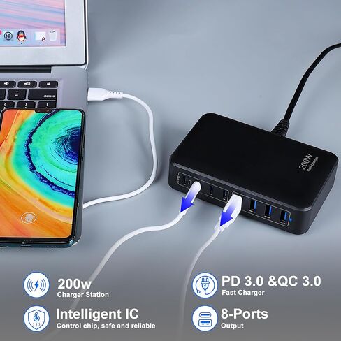 GaN 200W 8-Port USB Fast Charging Station | PD 65W Laptop & Multi-Device Adapter | Compatible with MacBook Pro/Air, iPhone 16/15/14, Galaxy S23/22 (White) in Saudi Arabia