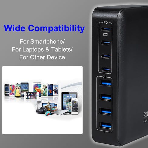 GaN 200W 8-Port USB Fast Charging Station | PD 65W Laptop & Multi-Device Adapter | Compatible with MacBook Pro/Air, iPhone 16/15/14, Galaxy S23/22 (White) in Saudi Arabia