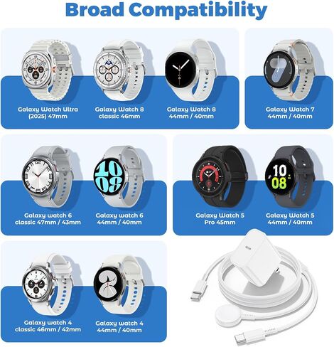 شاحن ساعة ذكية 2 في 1 6FT لساعة Samsung Galaxy Watch Ultra/8/7/6/5/4/3/Active 2/1 (Pro، Classic)& 45W USB-C شاحن فائق السرعة لهاتف Samsung Phone S25 S24 S23 S22، سلك كابل للساعات المغناطيسية in Kuwait
