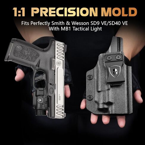 مصباح مسدس WARRIORLAND MB1 وحافظة Kydex مخصصة، مناسب لـ S&W SD9 VE/SD40 VE، ضوء سلاح تكتيكي مدمج بقدرة 500 لومن مثبت على السكك الحديدية العالمية مع ليزر أحمر وLED أبيض، مؤشر الطاقة in Kuwait