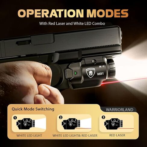 مصباح مسدس WARRIORLAND MB1 وحافظة Kydex مخصصة، مناسب لـ S&W SD9 VE/SD40 VE، ضوء سلاح تكتيكي مدمج بقدرة 500 لومن مثبت على السكك الحديدية العالمية مع ليزر أحمر وLED أبيض، مؤشر الطاقة in Kuwait