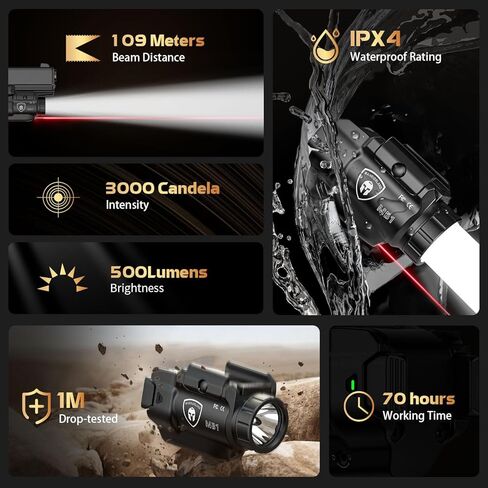 مصباح مسدس WARRIORLAND MB1 وحافظة Kydex مخصصة، مناسب لـ S&W SD9 VE/SD40 VE، ضوء سلاح تكتيكي مدمج بقدرة 500 لومن مثبت على السكك الحديدية العالمية مع ليزر أحمر وLED أبيض، مؤشر الطاقة in Kuwait