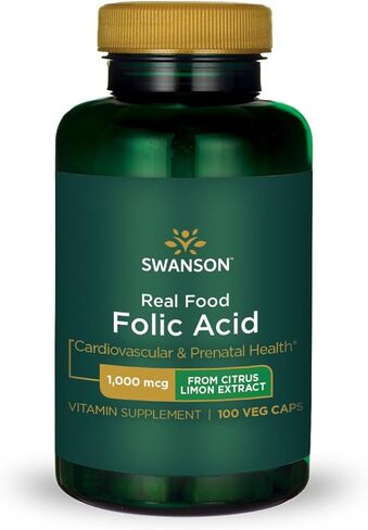 Swanson Real Food Folic Acid Folate Vitamin B-9 Cardiovascular Prenatal Health from Citrus Limon Extract Vegan Gluten-Free Non-GMO B9 1000 mcg 100 Veggie Capsules (Caps) in Kuwait
