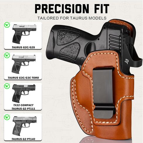 حافظة جلدية فاخرة IWB لـ Taurus G3C/G2C/G2S/G2 PT111/PT140/G3C Toro/TX22 مدمجة، حافظة حمل مخفية جاهزة للبصر، مشبك فولاذي يناسب حزام 1.75 بوصة، حزام داخلي، بني، اليد اليمنى/اليسرى in Kuwait