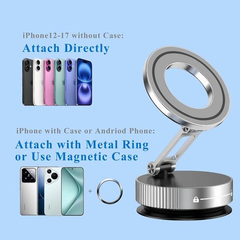 حامل هاتف مغناطيسي للسيارة، جسم معدني كامل، حامل هاتف بالشفط، حامل سيارة Magsafe لهاتف iPhone، حامل قابل للطي لهاتف iPhone وAndroid in Kuwait