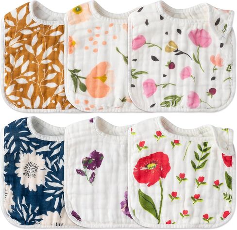 Zainpe 6Pcs Snap Muslin Cotton Baby Bibs Owl Fox Leaf Bear Bib with 6 Absorbent & Soft Layers Machine Washable Adjustable Burp Cloth for Infants Girl Boy Toddlers Drooling Eating Teething 0-24 Months in Saudi Arabia