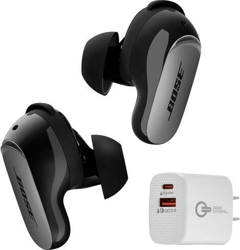 سماعات أذن Bose QuietComfort Ultra Bluetooth الجديدة (الجيل الثاني)، سماعات أذن لاسلكية بخاصية إلغاء الضوضاء، بطارية تصل إلى 6 ساعات، تصنيف IPX4، صوت غامر، باس عميق + شاحن حائط Green Extreme Wall (أسود) in Kuwait