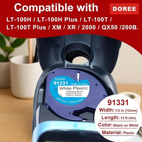 DOREE 6 عبوات 91331 طباعة سوداء على شريط بلاستيكي أبيض 1/2 بوصة × 13 قدم (12 مم × 4 م) متوافق مع DYMO Letratag 91331 S0721660 لصانع ملصقات العلامات Dymo Letra LT-100H، LT-100T، LT-200B، 2000، QX50 in Kuwait