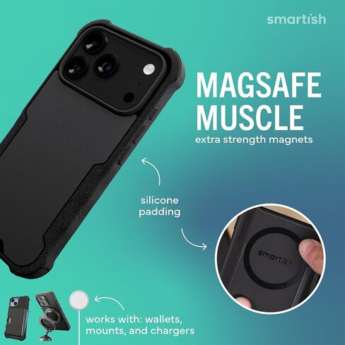 حافظة Smartish® iPhone 17 Pro MagSafe - حافظة مغناطيسية واقية Gripzilla [قوية + متينة] غطاء مدرع عالي التحمل مع حماية تم اختبارها من السقوط لهاتف Apple iPhone 17 Pro - ربطة عنق سوداء in Kuwait