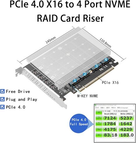 فتحة بطاقة وحدة التحكم 256 جيجابت في الثانية 4 منافذ M.2 NVMe SSD RAIDs لتوسيع PCIe X16 إلى M.2 NVME SSD للكمبيوتر in Kuwait