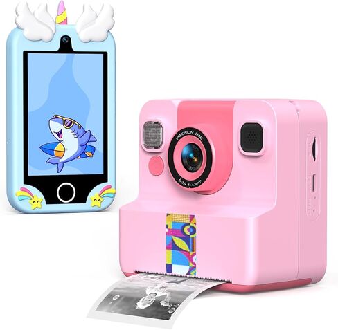 كاميرا Pink Kids مطبوعة فورية + حزمة هواتف ذكية للأطفال باللون الأزرق، كاميرا 1080 بكسل مع 32 جيجابايت و2 لفات من الورق + هاتف بشاشة لمس 3.5 بوصة مزود بكاميرات وألعاب تعليمية وموسيقى وهدايا للأولاد والبنات من عمر 3 إلى 12 عامًا in Kuwait