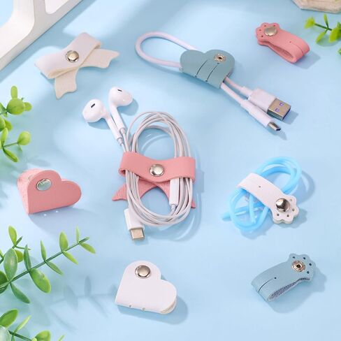 9pcs PU Leather Cord Organizer Heart Paw Print Bowknot Cable Straps Lovely Portable Earphone USB Cord Holder Wire Management for Travel Home Office in Saudi Arabia