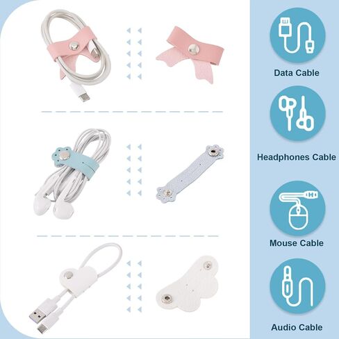 9pcs PU Leather Cord Organizer Heart Paw Print Bowknot Cable Straps Lovely Portable Earphone USB Cord Holder Wire Management for Travel Home Office in Saudi Arabia