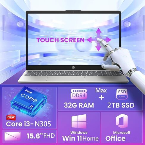 كمبيوتر محمول HP جديد بشاشة لمس FHD مقاس 15.6 بوصة موديل 2025/2026، وحدة المعالجة المركزية Intel Core i3 القوية من الجيل الثالث عشر (8 النواة)، ذاكرة الوصول العشوائي 16 جيجابايت، 256 جيجابايت SSD، USB-C، HDMI، Windows 11، Microsoft Office، Moonlight Blue، in Saudi Arabia