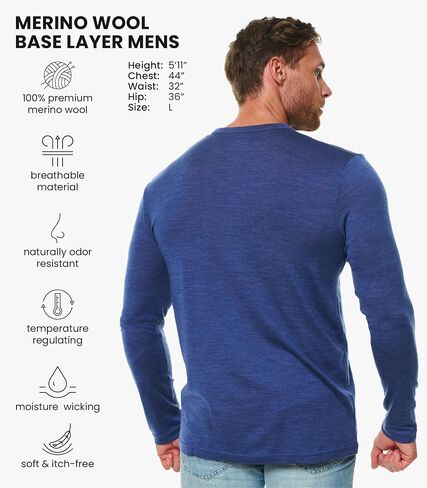 Merino Wool Base Layer Mens - 100% Merino Wool Shirts for Men Thermal Underwear Long Sleeve T-Shirt for Hiking Hunting (Large, 190 Dark Olive) in Saudi Arabia