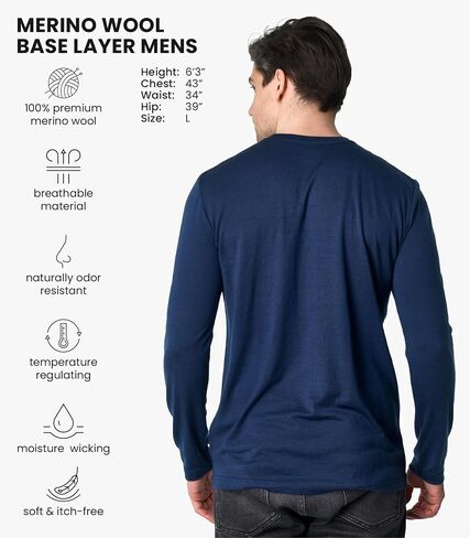 Merino Wool Base Layer Mens - 100% Merino Wool Shirts for Men Thermal Underwear Long Sleeve T-Shirt for Hiking Hunting (Large, 190 Dark Olive) in Saudi Arabia