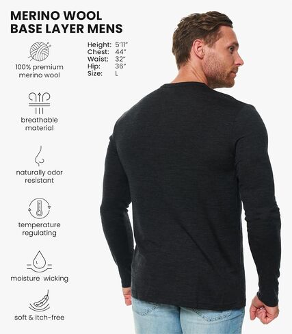 Merino Wool Base Layer Mens - 100% Merino Wool Shirts for Men Thermal Underwear Long Sleeve T-Shirt for Hiking Hunting (Large, 190 Dark Olive) in Saudi Arabia