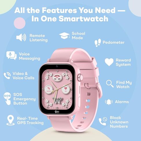 ساعة ذكية Kipywatch للأطفال - ساعة ذكية للأطفال مع جهاز تعقب GPS وتنبيه المناطق الآمنة - رسائل نصية قصيرة ومكالمات صوتية وفيديو - مع وضع المدرسة - تطبيق الوالدين، الاشتراك مطلوب - هدايا للفتيات 3-12 - وردي in Saudi Arabia
