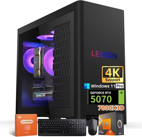 كمبيوتر مكتبي للألعاب Lenovo Legion T5، AMD Ryzen 7 7800X3D، NVIDIA GeForce RTX 5070 12GB GDDR7، 32GB DDR5 5600MT/s، 2 تيرابايت SSD، 2 تيرابايت HDD، WiFi 6E، تبريد هادئ، Windows 11 Pro، ملحقات in Kuwait
