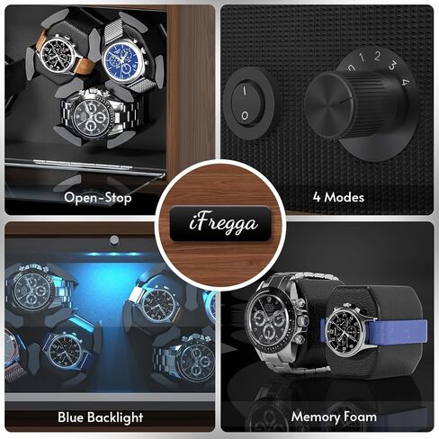 iFregga Watch Winders for Automatic Watches, 4 Mabuchi Winder+ 6 Extra Storage with Serenity Blue Backlight, Leather Shell Soft Velvet Lining Box, Open Lid Stop Tech and 4 Rotation Modes in Saudi Arabia
