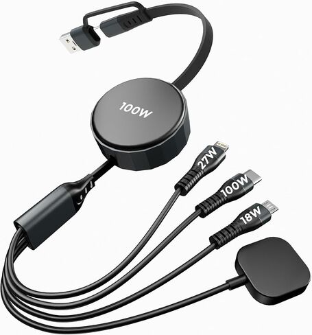 كابل شحن متعدد قابل للسحب بقوة 100 واط لشاحن ساعة Apple - سلك شحن قابل للسحب 8 في 1 مع Lightning/Micro USB/Type C/iWatch لـ iWatch وiPhone وiPad والأجهزة اللوحية والأجهزة المتعددة (4 أقدام) in Saudi Arabia