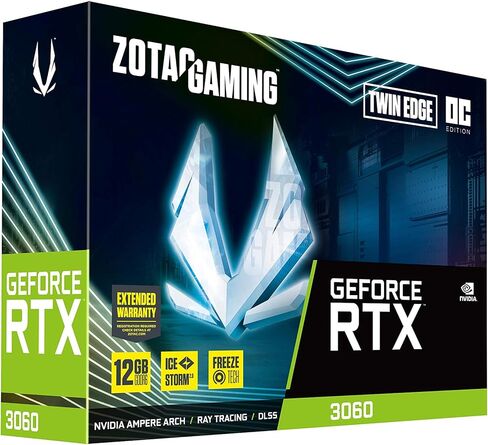 ZOTAC Gaming GeForce RTX 3060 Twin Edge OC 12GB GDDR6 192-bit 15 Gbps PCIE 4.0 بطاقة رسومات الألعاب، تبريد IceStorm 2.0، التحكم النشط في المروحة، إيقاف مروحة التجميد ZT-A30600H-10M (متجدد) in Saudi Arabia