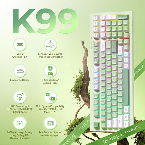 لوحة مفاتيح الألعاب LEOBOG x Aula، لوحة مفاتيح كريمية لاسلكية، لوحات مفاتيح كمبيوتر بلوتوث، شعور ميكانيكي بالحجم الكامل مع لوحة أرقام تضيء RGB بإضاءة خلفية ثلاثية الوضع BT/2.4 جيجا هرتز/USB-C - K99 أخضر in Kuwait