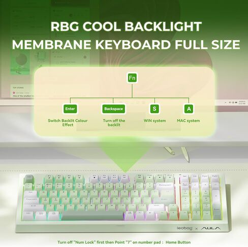لوحة مفاتيح الألعاب LEOBOG x Aula، لوحة مفاتيح كريمية لاسلكية، لوحات مفاتيح كمبيوتر بلوتوث، شعور ميكانيكي بالحجم الكامل مع لوحة أرقام تضيء RGB بإضاءة خلفية ثلاثية الوضع BT/2.4 جيجا هرتز/USB-C - K99 أخضر in Kuwait